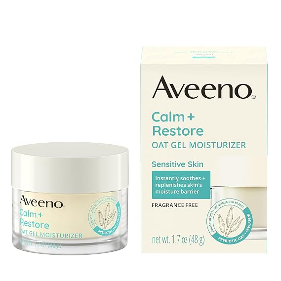 Aveeno Calm  Restore Oat Gel Facial Moisturizer for Sensitive Skin, Fast-Absorbing, Soothing Lightweight Gel Cream with Prebiotic Oat & Feverfew, Fragrance-Free & Hypoallergenic, 1.7 oz