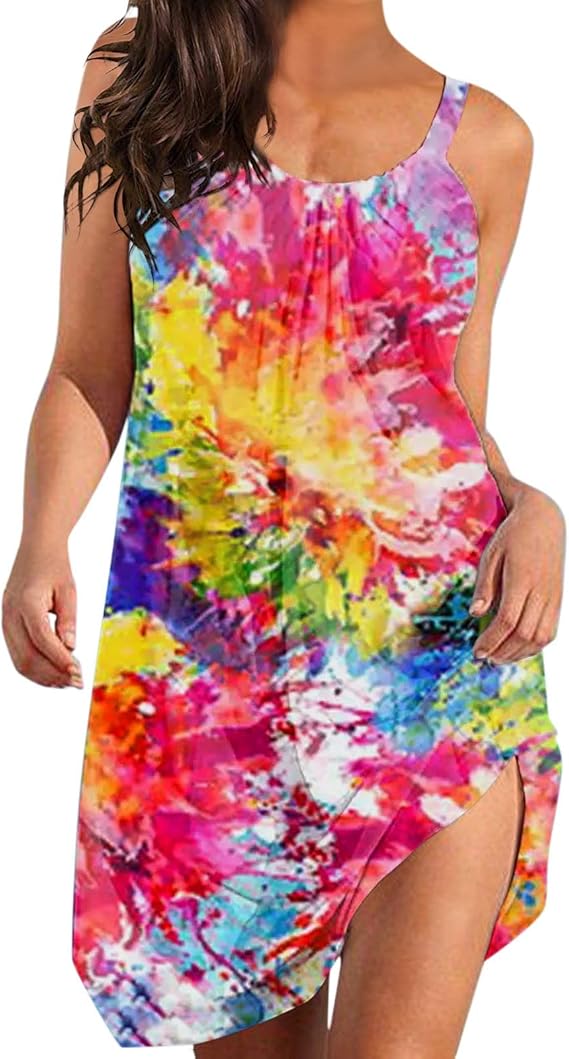 Summer Dresses for Women Cartoon Sea Turtle Printed Beach Dress Sleeveless Casual Short Tank Dress