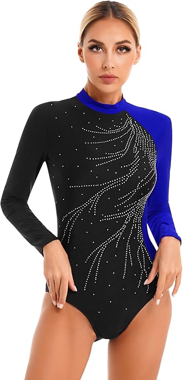Women Shiny Rhinestone Long Sleeve Gymnastics Leotard Bodysuit Stage Performance Work Out