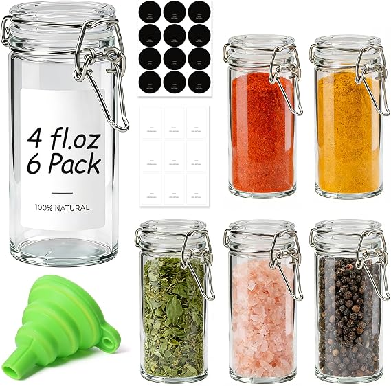 ComSaf Small Glass Spice Jars with Airtight Lids 4oz 6 Pack with Labels