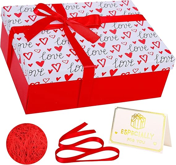 Red Heart Valentines Gift Box with Lid 25x18x9cm Medium/Large Thick Luxury Empty Gift Boxes for Presents, Birthday Wedding Bridal Valentines Day Gift Box for Girls Her Women with Card Ribbon