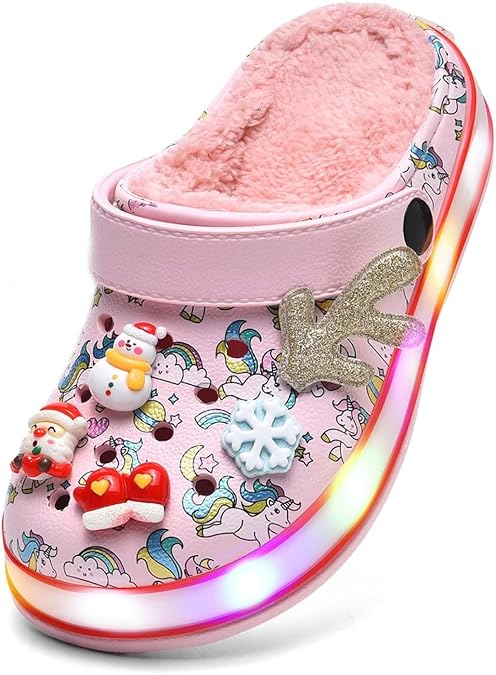 XPKWS Fur Lined Toddler Clogs Kids Slippers Fuzzy Light up Sandals Boys Girls Garden Shoes Winter Warm Cartoon Slides Slip on Lightweight,M Cute Pink,28