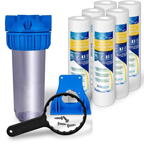 10 Inches Transparent Standard Whole House Water Filter System Presser Relief Valve, 3/4 Inlet/Outlet Brass Port & 6 Polypropylene Sediment Filter Cartridges 1 Micron 4 Layers of Filtration 10"x 2.5"