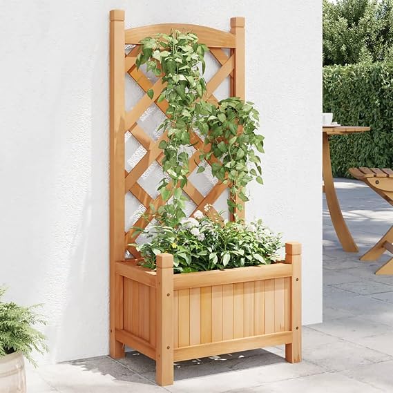 Fir Wood Planter with Trellis for Climbing Plants - Brown - 40 x 30 x 90 cm - Patio and Terrace Use Model365482