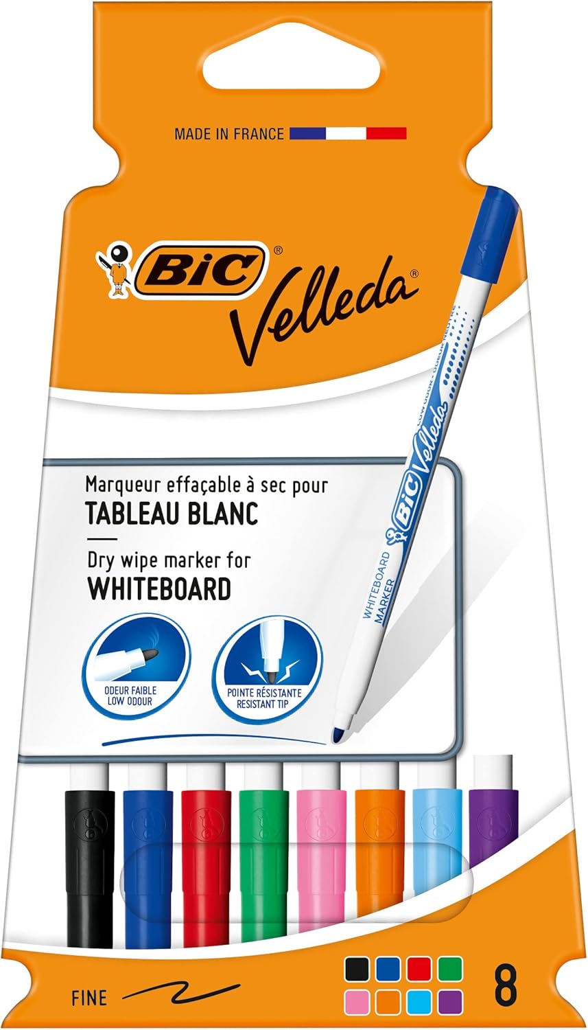 BIC Velleda Whiteboard Pens - Fine Whiteboard Marker Pens - Assorted Colours Pack of 8