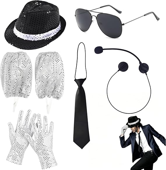 KFSCIP 8 Pcs Michael Jackson Costume, Michael Jackson Outfit with Glove and Accessories, Michael Jackson T Shirt and Jacket Set, Adult Michael Jackson Merchandise, 8-Piece Performance Attire ﻿