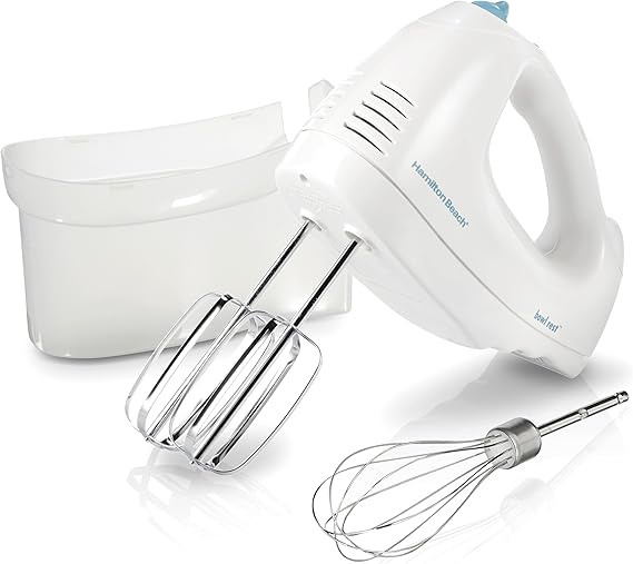 Hamilton Beach 6-Speed Electric Hand Mixer With QuickBurst and Bowl Rest | Powerful 250 Watt Motor | Traditional Beaters | Snap-On Storage Case | White | 62682G