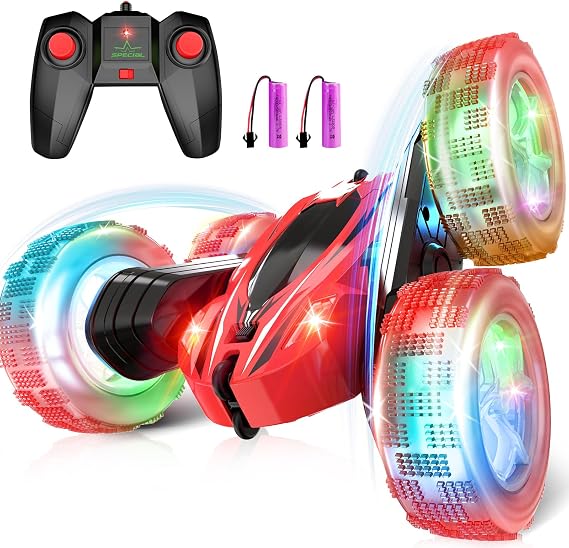 Qumcou Remote Control Car for Kids, RC Cars Toys for Ages 5-7, 2.4Ghz Fast Double-Sided 360Rotating Toy Cars with Headlights and Wheel Lights, Christmas Birthday Gifts for Boys Girls Age 6-12,Red