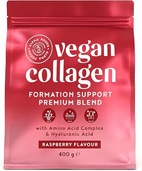 Vegan Collagen Powder + Hyaluronic Acid [400g] Vegetable Alternative to Collagen Hydrolysate with 13 Amino Acids and Vitamin C from Camu Raspberry Flavour Made in Germany Alpha Foods
