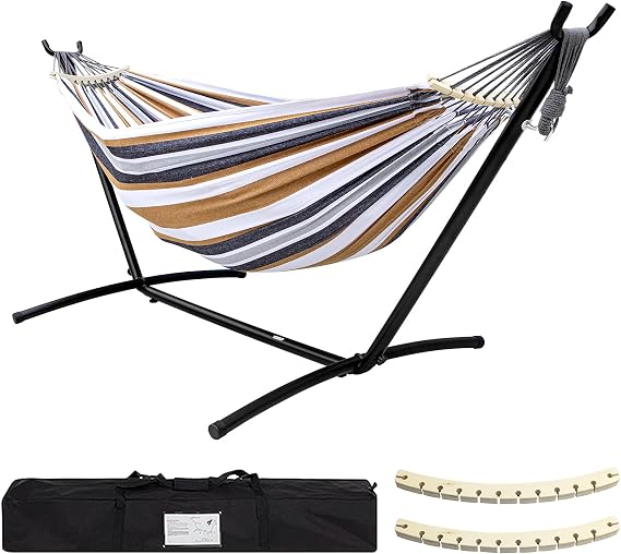 SZHLUX Hammock with Stand for Outside | 450lb Capacity Steel Stand, Premium Carry Bag Included and Two Anti Roll Balance Beam
