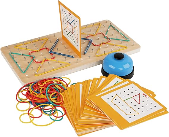 Wooden Geoboard Montessori Toy - Graphical Math Learning Tool for Preschoolers 3-5 Years Old,  with Pattern Cards and Rubber Bands to Build Shapes and Figures, Kids Educational Toys