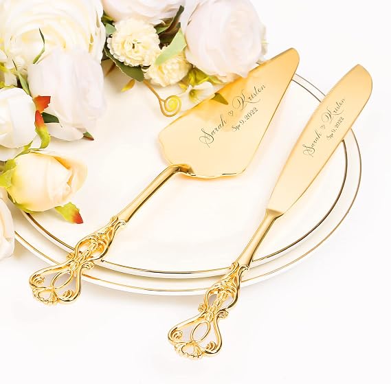 Wedding Cake Knife and Server Set, Personalized Gold Cake Cutting Set for Wedding, Engraved Classic Cake Knives Cutter Set, Pie Pastry Server, Birthday Bridal Gift (CUS-Crown)
