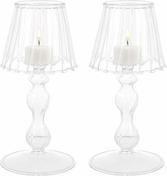 DOITOOL Desk Lamp Shaped Glass Candle Holder, 2PCS Glass Hurricane Candleholder, Crystal Decorative Candlestick Stand for Home Dining Table Office Decor Wedding Party Dinning Centerpieces Party