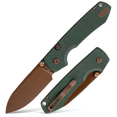 Vosteed Raccoon2.0 EDC Folding Pocket knives - Top Liner Lock, 3.25" Sandvik 14C28N Steel Rose Gold Blade, Green Micarta Handle for Camping Hiking - A2907
