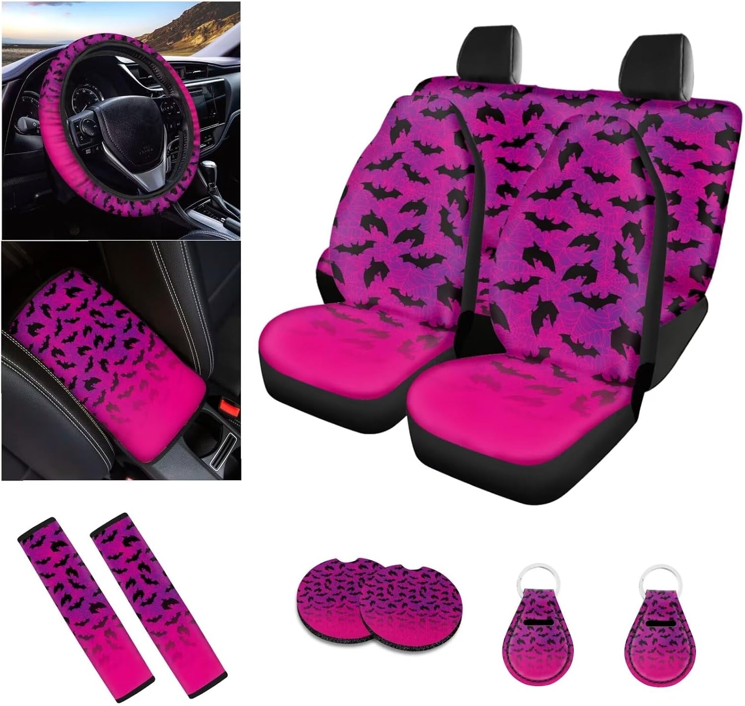 Bat Printed Car Seat Covers Full Set, 12 Piece Car Front & Rear Seat Cover Breathable Steering Wheel Cover Armrest Pads Universal Fit for SUV Sedan Van Truck Automotive Accessories