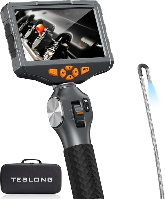 Teslong TD500 3.9mm Articulating Borescope for Automotive Engine Inspection | 5" IPS Screen, 6 LED Lights, 1.0MP HD, 1.55M Flexible Cable, 32GB, IP67 Waterproof, Live View on Phone, Carrying Case