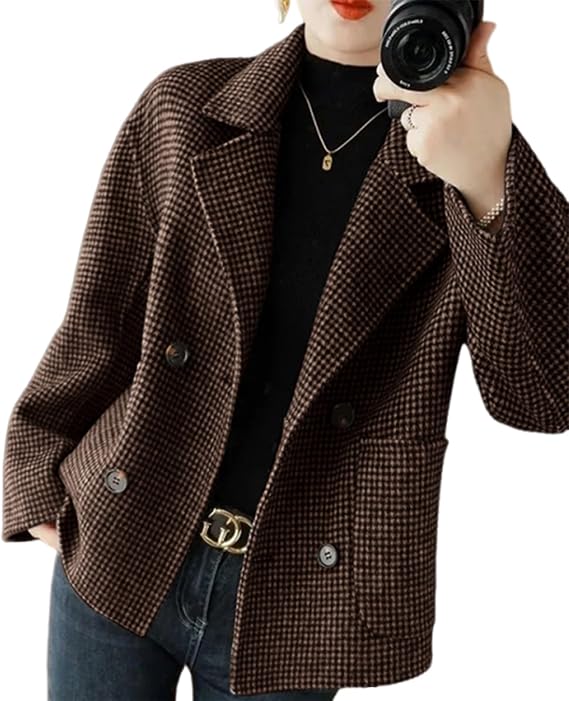 Womens Cropped Wool Coats Houndstooth Double Breasted Short Wool Pea Coat Cropped Blazer Jackets with Pocket