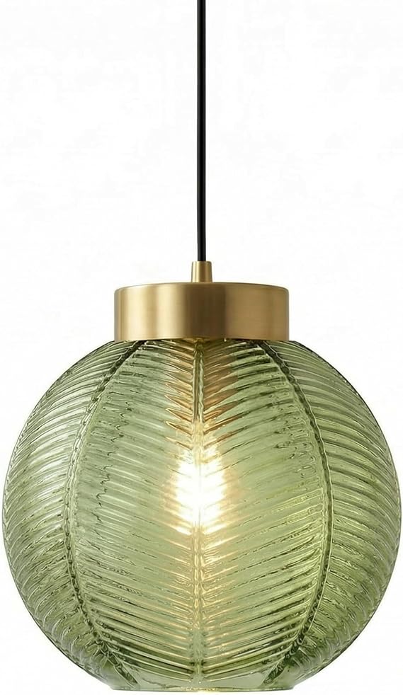 Modern Retro 20cm Green Glass Globe Pendant Light, Gold E27 Ceiling Lamp [Energy Class E]