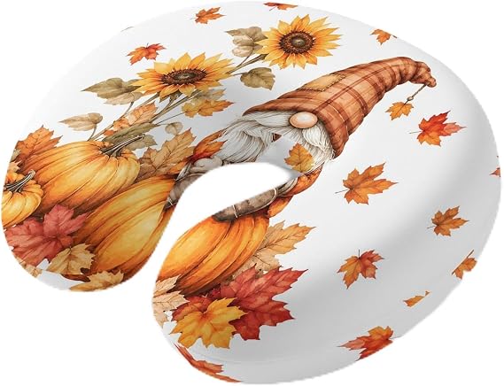 Neck Pillow Fall Thanksgiving Dwarf Pumpkin Travel Pillow Memory Foam U Shaped Pillows, Rustic Sunflower Maple Leaf Travel Neck Pillows for Airplane Car Office Home Sleeping Rest
