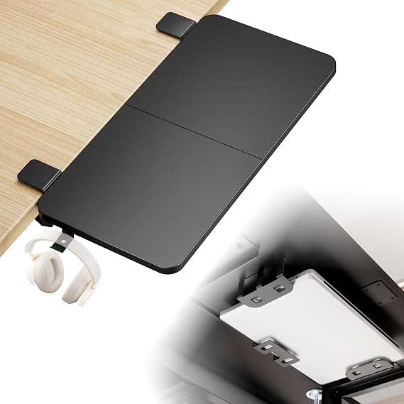 PEGZONE Desk Extender Tray, 24" x 12", with Laptop Holder, Medium, Black | Desk Extension, Clamp on Desk Shelf, Clamp On Keyboard Tray for Office and Home, Workstation Organizer
