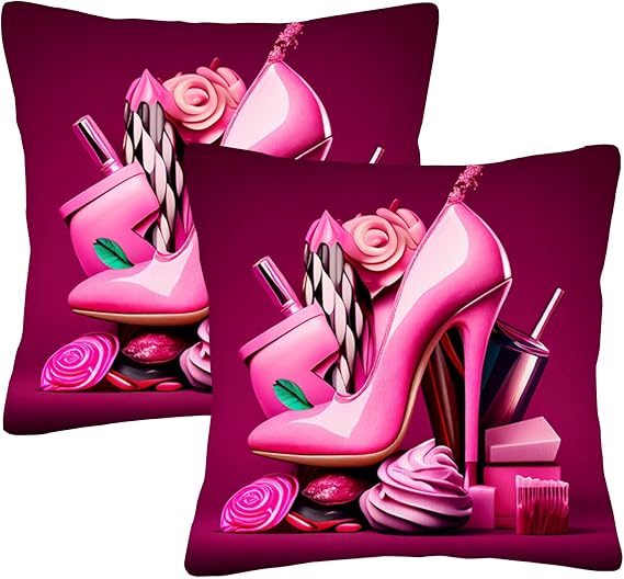Pink High Heel Shoe with a lot of Makeup Pattern,Printed Throw Pillow Cushion Covers Used for Sofa, Bed, Farmhouse, Chair, Dining, Patio, Outdoor, car 22 x 22in,Pink (2pcs)