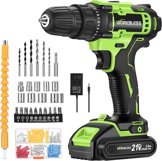 21V Cordless Drill Set with Battery Charger(Green & 1 Battery)