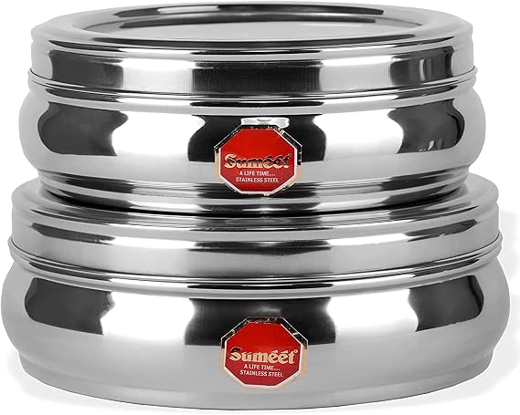 Sumeet Stainless Steel Belly Shape Flat Canisters/Puri Dabba/Storage Containers Set of 2Pcs With See Through Lid (No. 10 & No.11) (17.1cm & 18.4cm Dia) (1.1Ltr & 1.5 Ltr Capacity)