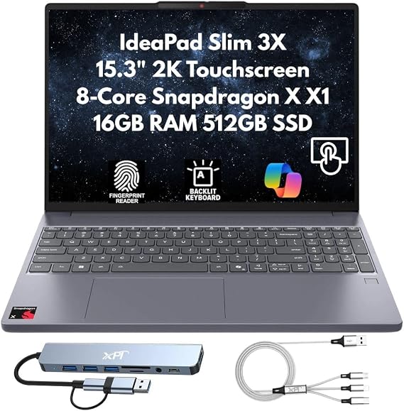 Lenovo IdeaPad Slim 3X Home Student Business Laptop 2026, 15.3" 2K (1920x1200) Touchscreen, 8-Core Snapdragon X X1, 16GB LPDDR5x RAM, 512GB (2X 256GB) SSD, FPReader, Wi-Fi 7, Webcam, Copilot Win 11