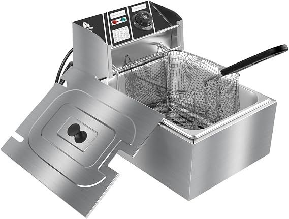 6L Electric Deep Fryer Stainless Steel Single Tank Commercial Fryer with Basket, 2500W Temperature Control Countertop Deep Fryer for Home and Restaurant Use with Lid