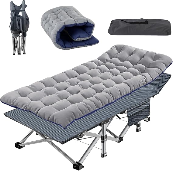 Folding Camping Bed 191 x 71 x 36 CM Sun lounger Folding Guest Bed Single with Mattress Side-Pocket and Adjustable Backrest for Spare Temporary Office Nap Patio (Grey)