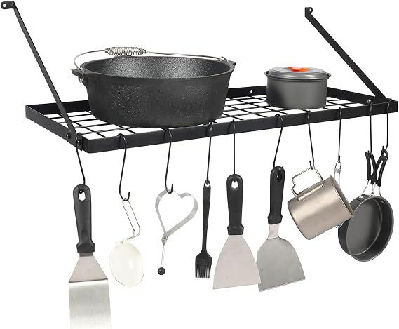 29 Wall Mounted Pot Rack Storage Shelf with 10 Hooks,Kitchen Pots and Pans Hanging Rack Holder for Utensils Cookware Household,Black