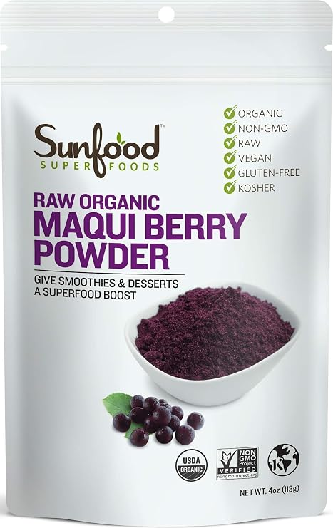 Sunfood Superfoods Raw Organic Maqui Berry Powder - Maqui Powder Organic, Maqui Berry Extract, Powder Berry Supplement, Freeze Dried, Perfect for Smoothies, Antioxidants, Energy - 4 Oz Bag