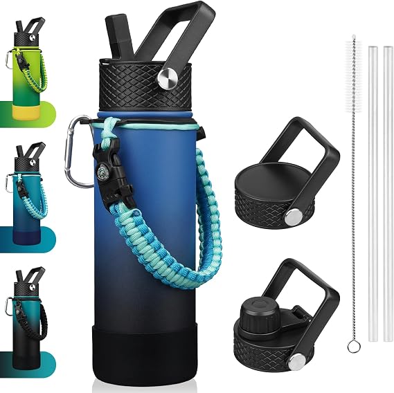 BJPKPK 22oz Insulated Water Bottle with 3 Lids, Straw Lid & Handle | BPA-Free 18/8 Stainless Steel Bottle with Leak-Proof Lids, Paracord Handle & Removable Silicone Boot for Gym, Hiking, Travel