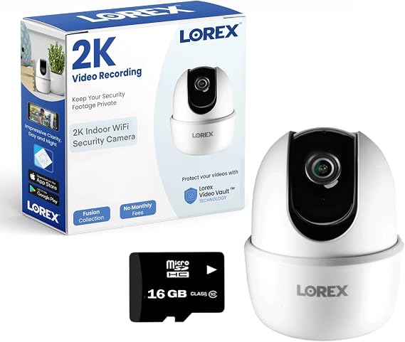Lorex Classic App | 2K Pan-Tilt Indoor Wi-Fi Security Camera | 16GB | IR Night Vision | Person Detection | 2-Way Talk | Easy plug-and-play | No Monthly Fee
