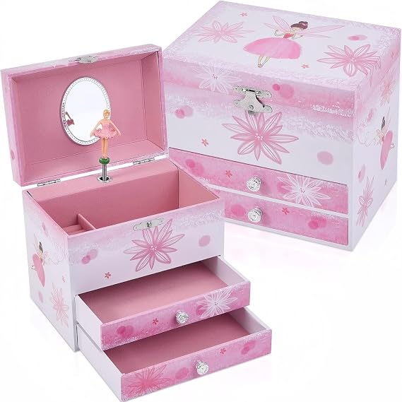 Ballerina Musical Jewellery Box with 2 Drawers for Girls,Fairy Design Kids Music Box with Spinning Ballerina,Kids Jewel Storage Box for Girls Ages 3-12 Kids Gift
