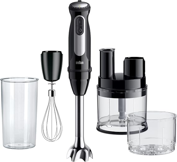 Braun MultiQuick 5 Pro MQ55755M Hand Blender with 25 Speed Levels Easy Click System Plus 1000 W Black with Mini Food Processor Chopper Whisk Mixing and Measuring Cup (600 ml)