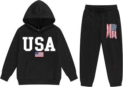 Vivimeng Boys USA Sweatshirt Suit Kid USA Hoodie Set American Flag Sweater Girls American Hooded Pullover Suit