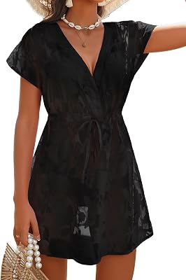 AIMAGE Womens Bathing Suit Cover Up Lace Short Sleeve Swimsuit Coverups for Swimwear Sexy V Neck Beach Coverup