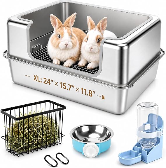 BWOGUE Extra Large Stainless Steel Rabbit Litter Box with Grid for Bunnies