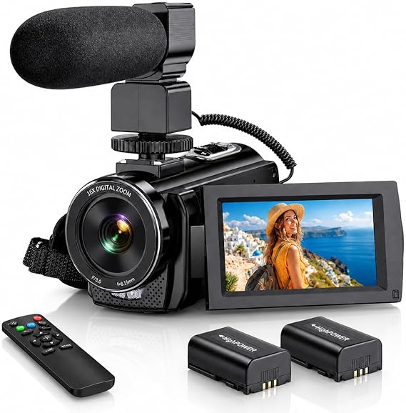 ALSONE Video Camera Camcorder FHD 1080P 24MP 3.0 270 Rotation IPS Screen 16X Digital Zoom YouTube Vlogging Camera Recorder with Microphone, Remote Control, 2 Batteries & Webcam Function