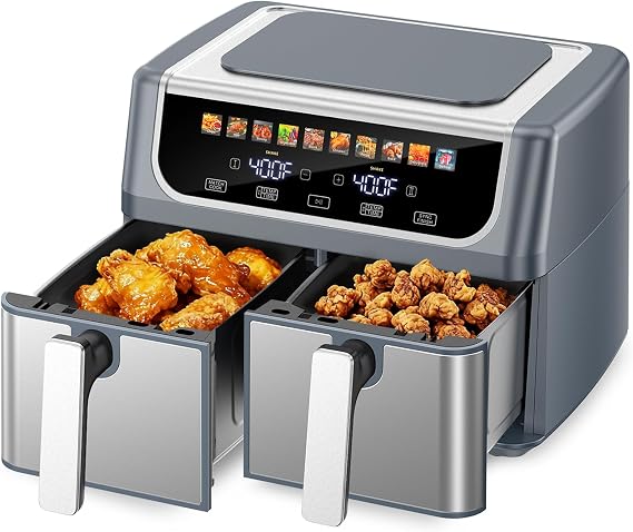 DUMOS 10-in-1 Air Fryer 9.5 QT, Large Airfryer with with 2 Independent Frying Baskets, Sync Finish & Match Cook, Shake Reminder, Wide Temperature 80-450F, Roast Bake Defrost Dehydrate, Grey