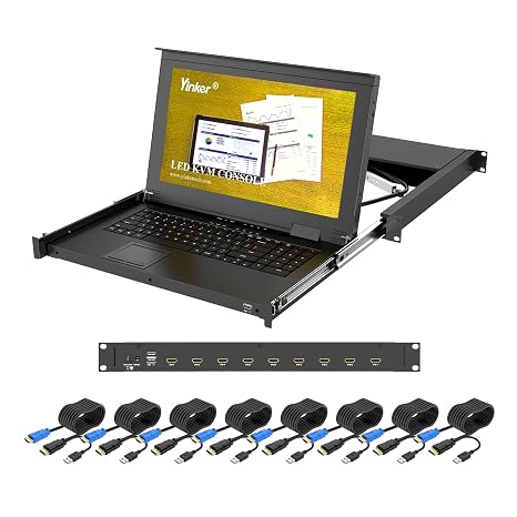 1U 15.6" Rack Mount KVM Console 8 Port HDMI, Yinker LCD Console Drawer with Keyboard Touchpad + 8-Pack KVM Cables, Adjustable Rails for 480600/800mm 19" Rack