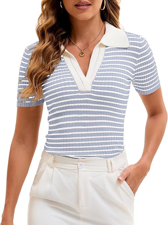 Cioatin Women Short Sleeve Striped Knit Polo Crop Shirt Tops Vintage Collar V Neck Slim Fit T-Shirt Aesthetic Going Out Beige Blue