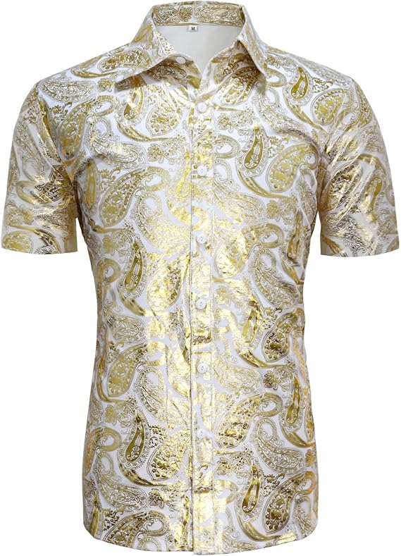 Men's 70s Disco Shirt Retro Paisley Short Sleeve Shirts | Full body Paisley pattern, reflective fabric, button closure