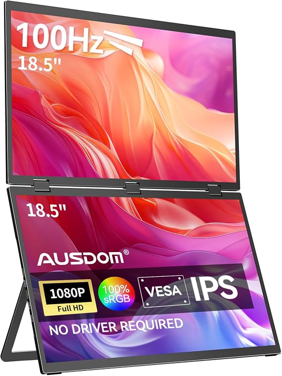 AUSDOM 18.5" Stacked Dual Portable Monitor for Laptop, 100Hz 1080P Foldable Screen Extender, 360 Folding Double External Display with Stand & VESA, USB-C, mini-HDMI, Travel Monitor for Win/Mac, Black