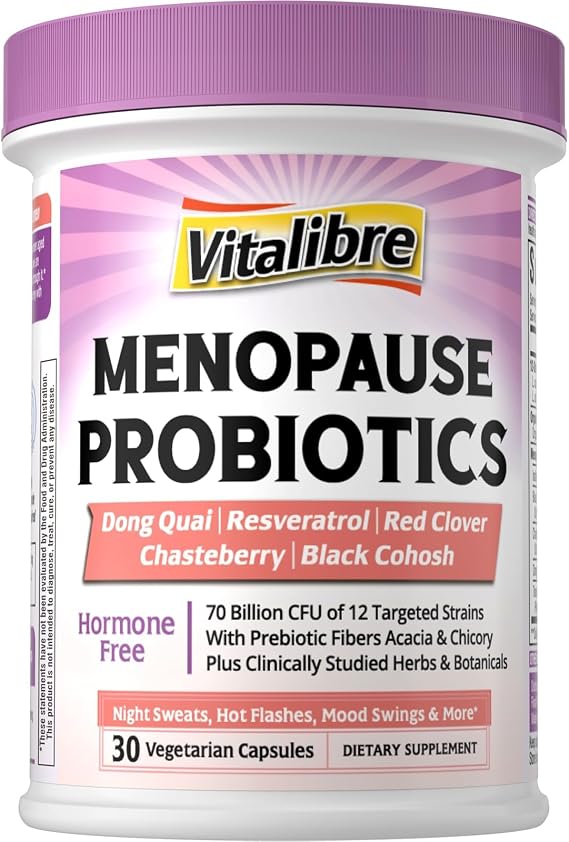 Vitalibre Menopause Probiotics for Women 70 Billion CFU, 12 Targeted Strains, Organic Prebiotics, Black Cohosh Resveratrol Red Clover Chasteberry Dong Quai, Hot Flash Night Sweat+, No Estrogen, 30 Ct