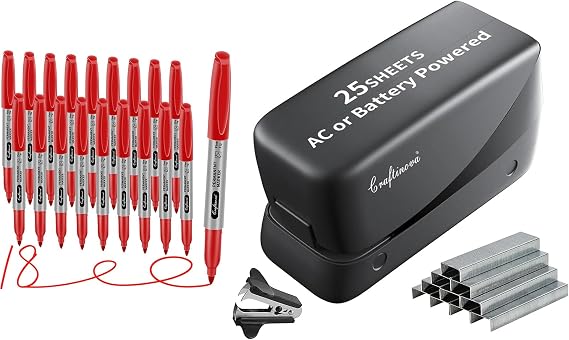 Red Permanent Markers and Electric Stapler, 25 Sheet Automatic Stapler