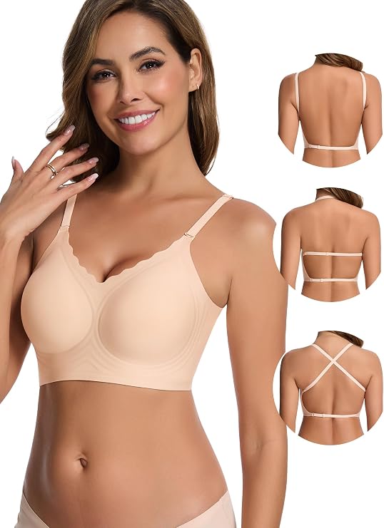 HBselect Low Back Bras for Women Deep V Seamless Bralette Wireless Backless Bra Convertible Straps Halter Bra Beige