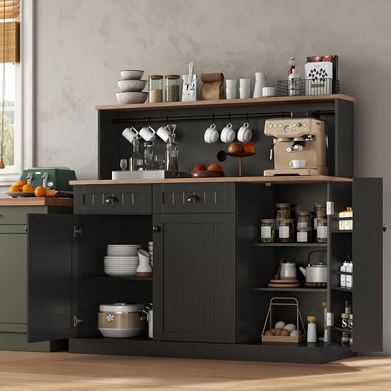 Gyfimoie Sideboard Buffet Cabinet with 2 Drawers, Farmhouse Kitchen Pantry with Adjustable Shelves, Coffee Bar Cupboard Cabinet with 3 Doors for Kitchen, Dining Room (Black)