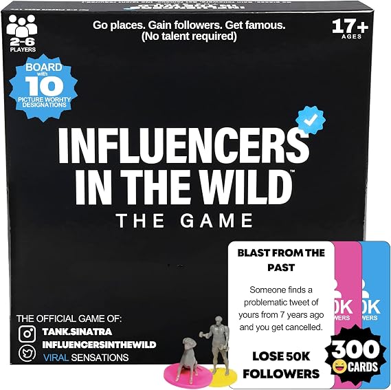 Influencers in the Wild Board Game - 2-6 Players - Built by Tank Sinatra & Tank's Good News - Social Media Board Games for Adults, Social Media Merchandise Card Games for Adults